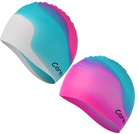 Swim Cap, 2 Pack Durable Silicone Swimming Caps for Kids Girls Boys Youths (Age 2-12), Soft 3D Ergonomic Waterproof Kids Swim Caps, Comfortable Fit for Long Hair and Short Hair