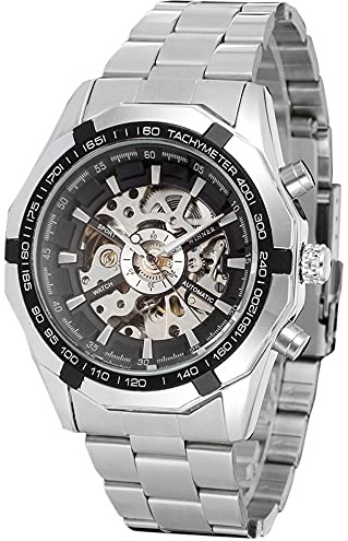 FORSINING Men's Automatic Waterproof Skeleton Wrist Watch with Stainless Steel Bracelet, Black and Silver