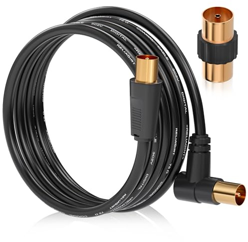 RELIAGINT TV Aerial Cable 10m, 75 Ohm Coaxial Lead, IEC 9.5mm Male to Male 3C2V Pure Copper Dual Shielded, Right-Angle Connector, Female to Female Adaptor Included, Black