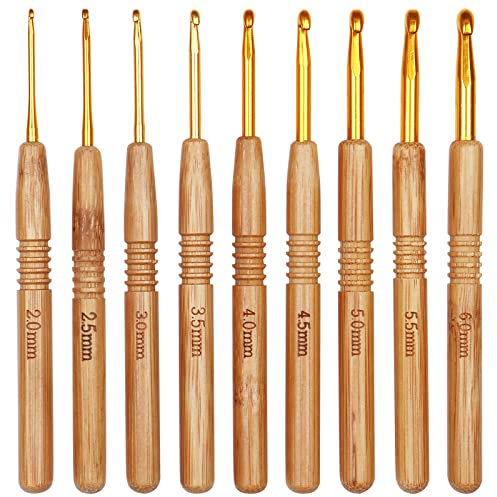 Coopay 9 Stück Häkelnadel Set, Ergonomische Häkelnadeln mit Rutschfest Bambus Griff und Glatt Golden Aluminium Hakenkopf, 2,0-6,0 mm Leichte Häkelnadeln für Arthritische Hände, Anfänger & Kinder