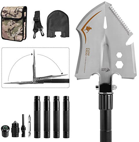 Zune Lotoo Pelle Pliante, 15 en 1 Pelle Multifonction Portable en Acier au Carbone avec 3 Combinaisons de Longueur, Pelle Pliante Compacte pour Camping, Randonnée, Jardin, Aventure, Pêche
