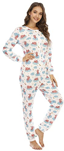 QIYUANT Pigiama Tutina Donna Morbido Bottone Intera Manica Lunga Monopezzo Primavera Autunno Inverno Halloween Natale Abbigliamento Interni Tuta da Casa Notte (Orso, XL)