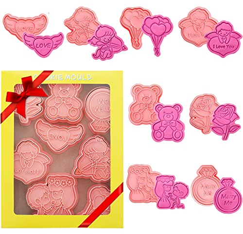 Set di Biscotti di San Valentino da 8 Pezzi, Tagliabiscotti Fondenti 3D, Tagliabiscotti per Timbri per Strumenti per Biscotti al Cioccolato Fondente per Pane