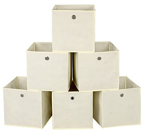 KingSaid 6 Stück Faltbox Faltbare Aufbewahrungsbox 32x32x32cm Stoffbox Faltkiste Schubladen Boxen mit Fingerloch Würfel Spielzeug-Organizer für Kallax Regale Raumteiler Beige