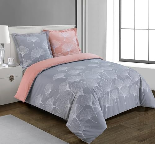 Vision - Juego de ropa de cama reversible 100% algodón - Gris Ginko/Rosa - Juego de funda nórdica de 200 x 200 cm con 2 fundas de almohada para cama doble - Fibras naturales - Oekotex
