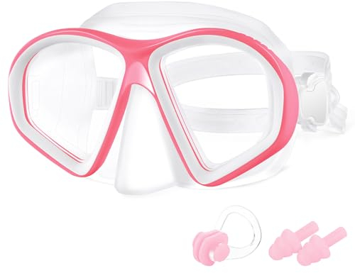 Flintronic Taucherbrille Kinder, Anti-Leck Schnorchelmaske, Antibeschlag-Taucherbrille mit Ohrstöpseln & Nasenclip, Anti-UV-Schwimmbrille für Kinder im Alter von 4-12, (1er Pack-Rosa)