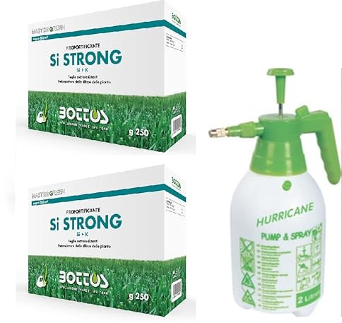 Bottos Si STRONG, Fitofortificante per foglie extraresistenti del tappeto erboso, concime fertilizzante liquido con Silicio e Potassio potenziatore delle difese delle piante (500gr + Pompa)
