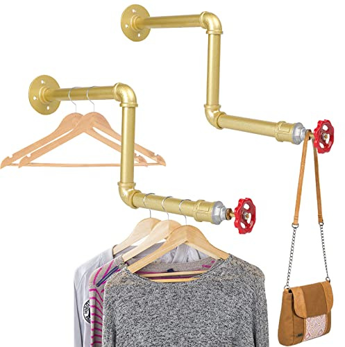 Oroonoko 2 Stück Wandmontage, industrielle Rohr-Kleiderstange, 47 cm, Rohr-Kleiderständer, abnehmbarer Kleiderständer, DIY-Regalhalterungen zum Aufhängen (Gold)