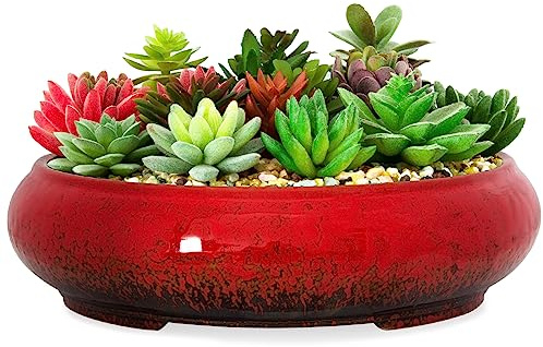 ARTKETTY Plant Pot - 29CM Large Bonsai Pot with Drainage Shallow Ceramic Succulent Plant Pot Indoor/Outdoor, Glazed Cactus Flower Plant Container Bowl for Home Garden Decor