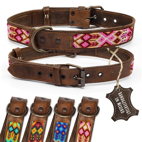 ALTEZAR Lederhalsband Hund - Doppelt Tribal Bestickt Rosa Weiß Pink Braun - Hochwertig verarbeitetes Hundehalsband Leder - Handgemacht in Mexiko - Größe XL - Halsband Hund für große Hunde Leder breit