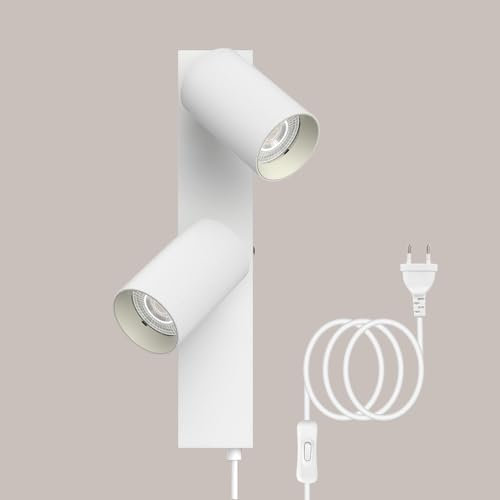 TaFiCo Wandleuchte mit Stecker und Kabel 2 Flammig Weiß GU10 - Wandlampe mit Schalter und Stecker Drehbar 350° Moderne für Schlafzimmer Wohnzimmer Korridor - Ohne Leuchtmittel