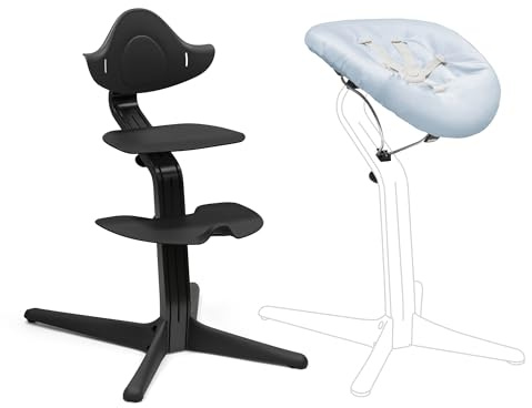 Stokke Nomi Stuhl (Black/Black) mit Newborn Set (Black/Grey Blue) - Inklusive 5-Punkt-Sicherheitsgurt und wendbarem, waschbarem Textilset - Bis 150 kg belastbar