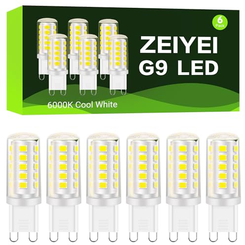 ZEIYEI G9 LED Bulbs, 6-Pack, 4W (40-50W Halogen Equivalent), 6000K Cool White, Non-Dimmable - Ideal for Chandeliers, Ceiling Fans, Wall Sconces, Home and Office Lighting.