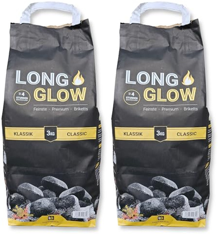 6kg (2x3kg) Long Glow Premium Grillbriketts Kohle Manufaktur Grillbrikett Premium Brikett Holz Kohle Grill Lange Brenn-& Glutdauer 4h Grillbriketts 100% Made in Germany Energie Kienbacher (6kg)