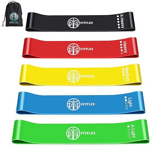FitFlex Resistance Loop Bands Set of 5 - Natural Latex, Multi-Color, Various Resistance Levels for Strength Training, Physical Therapy, Home Workout