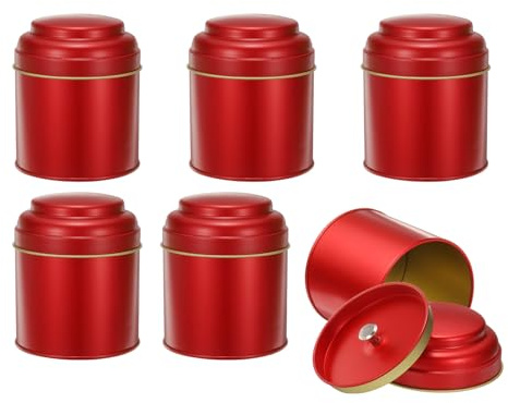sourcing map 6 Pcs Tea Tins Canister with Airtight Double Lids, 8 oz Small Round Tin Can Box, Kitchen Canister Containers for Loose Tea Coffee Candy Spices, Red