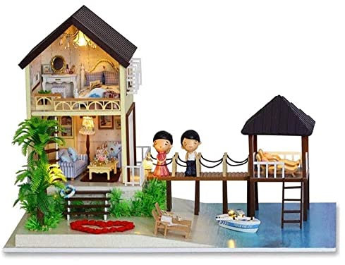 IUBGFTO DIY Haus Miniatur Bausatz Holz Mini Haus Spielzeug mit Möbeln Lichter
