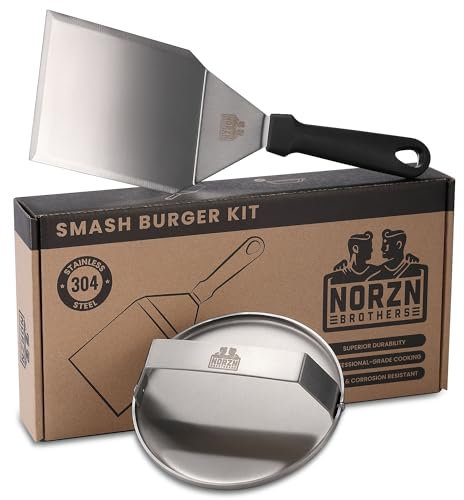 Norzn Brothers® Smash Burger Set - Aplastador de Hamburguesas, Espatula Plancha, Prensa Burgers, Espátula Barbacoa Acero Inoxidable 304, Certificado Contacto Alimentos, Garantía 10 Años