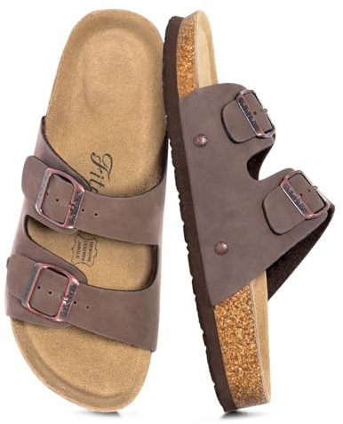 FITORY Womens Flat Sandals with Cork Footbed, Open Toe Slides Adjustable Slip On Slippers for Summer Brownish Yellow Size 5