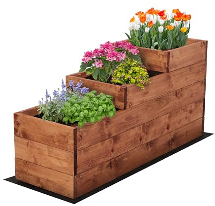 MODO24 Hochbeet Holz, 3-stufiger, Blumenkasten 45x30x93 cm, Braun | Komplettes Anzuchtset inkl. Schrauben, Dekoratives Gemüsebeet, Kräuterbeet & Blumenkasten für Garten und Terrasse