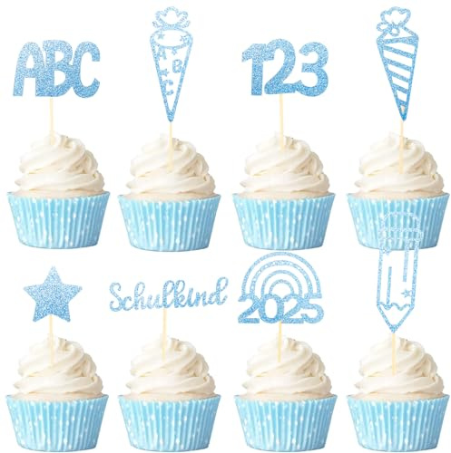 Gleevio Schulkind Tortendeko Einschulung Junge,24 Stk Glitzer Cupcake Topper Einschulung Deko Torten,Kuchendeko Schulanfang Balu,Zuckertüte Tortendeko Schulkind 2026 Junge Muffin Deko ABC 123