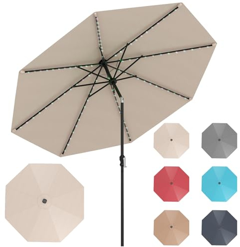 KOMFOTTEU Ombrellone da Giardino φ3 m, con 96 Luci LED, 9 Modalità, Manovella, Ombrellone Parasole da Patio Inclinabile con 8 Osse, per Balcone, Spiaggia, Piscina, Base Non Inclusa (Beige)