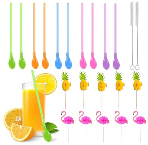 THXFUNAREA Cucharas con pajitas, accesorios para fiestas, cucharas reutilizables con pajita,cuchara de plástico con pajita y cepillo para café, granizado y cócteles（total de 22 piezas）