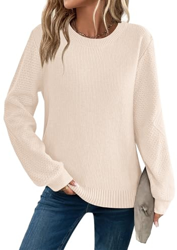 Zeagoo Pullover Damen Elegant Rundhals Pulli Langarm Strickpullover Casual Winterpullover Elegant Obertiele Warm Sweater Beige M