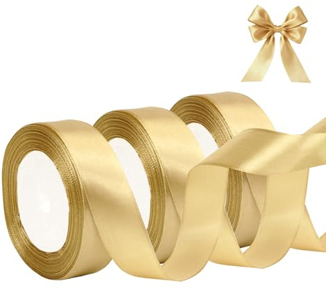 Geschenkband Gold 25mm,66M Satinband Gold,Schleifenband Weihnachten Breit,Geschenk Bänder Stoff,Goldenes Band für Geschenkverpackung Geburtstag Hochzeit Dekoration