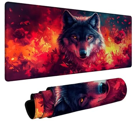 Tapis de Souris Loup Tapis de Souris Gamer Flamme Mouse Pad Bords Cousus Précision et Vitesse Améliorées pour Decoration Maison Bureau Pc Portable Pc Gamer Clavier sans Fil 600 x 1400 x 3mm DBYH-4949