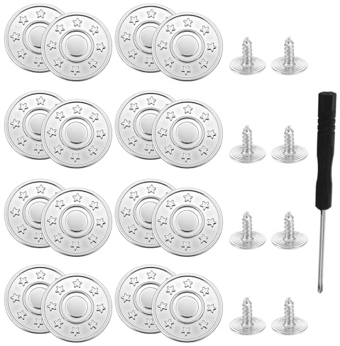 Amaxiu Jeans Buttons Replacement, 16 PCS Instant No Sew Buttons for Pants Removable Metal Silver Pant Button Tightener Adjustable Button Replacement Kit with Threads Rivets and Screwdriver (20mm)