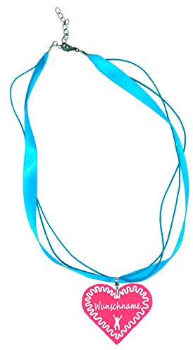 Trachtenschmuck Trachtenkette Organzaband hellblau mit Filz Herz * Damen Dirndlkette, Organzakette Oktoberfest Wunschaufdruck (Herz - pink)