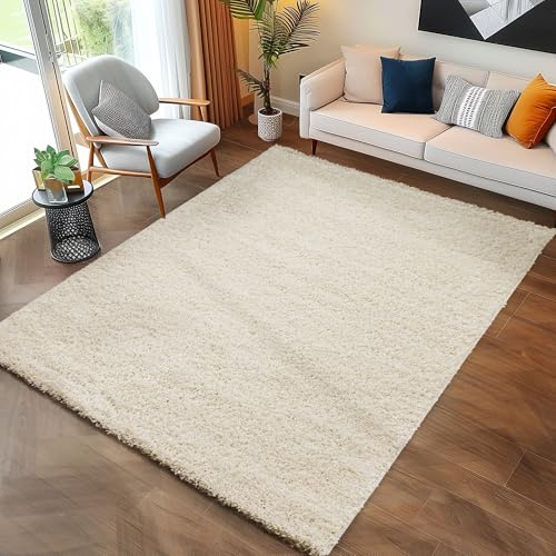 Carpettex Shaggy-Teppich, Hochflor, Wohnzimmer, Florhöhe 3 cm, einfarbig, Creme, 120 x 170 cm