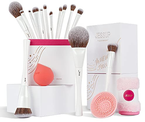 Jessup Pinselset 14 Stk Makeup Pinsel Kosmetikpinsel Schminkpinsel Hochwertiges Geschenkset für Frauen Mit Schwamm Pinselreiniger Handtuch Perlweiß T333