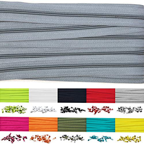 10m Endlosreißverschluss 5mm mit 20 zipper reißverschluss endlos Silbergrau
