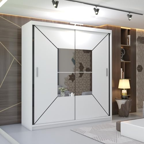 MN Furniture Modern Sliding Door Wardrobe with Mirror Panels and LED Light, Bedroom Wardrobe Storage with Shelves and Hanging Rails (White, 180cm)