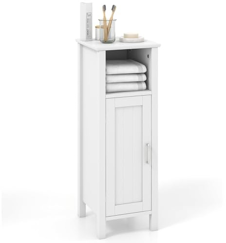 COSTWAY Badezimmerschrank, Badschrank mit offenem Fach, Schranktür & Verstellbarer Ablage, Beistellschrank, Aufbewahrungsschrank für Badezimmer, Wohnzimmer, Weiß, 30 x 30 x 80 cm