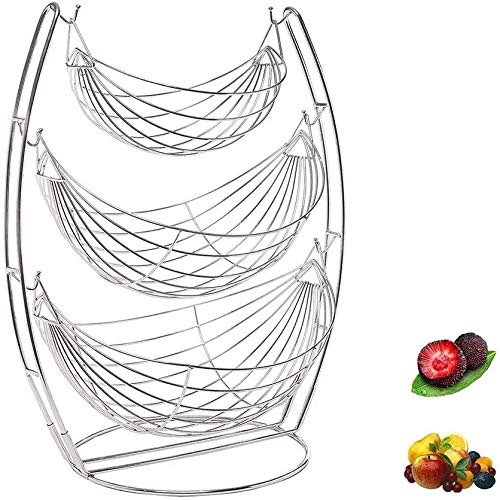 Cesta De Frutas, Cesta De Frutas De 3 Niveles con Cestas Estilo Hamaca, Decoración Moderna De Encimera De Cocina De Estilo Vintage, Frutero, Plateado