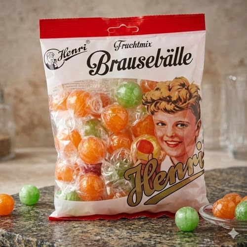 Henri 5x 250g Brausebälle Mix - Fruchtbonbon mit Brausepulverfüllung | Knisternde Süßigkeit - Tutti-Frutti, Orange & Zitrone - Ostalgie Leckerei inkl. DDR Kochbuch und Geschenkkarte