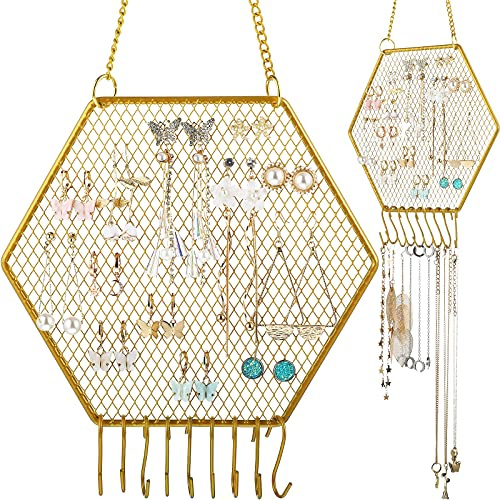 Jetec 2 Pcs Earring Wall Holder Wall Mounted Earring Organizer Hanging Jewelry Stand Decorative Diamond Grid Shape Display Rack with Hooks for Earrings Necklace Bracelet(Gold)