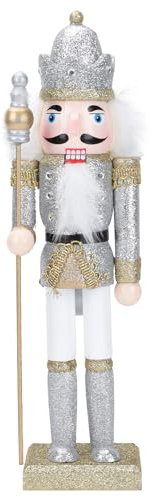 Amosfun Christmas Large Wooden Nutcracker Figurine, 31cm Silver Glitter Nutcracker Puppet Soldier Xmas Holiday Decoration for Desktop, Fireplace, Christmas Party Favors