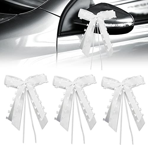 Aohcae 30 Stück Autoschleifen Hochzeit Weiß mit Herzen, 25x14cm Große Matt Antennenschleifen, Wiederverwendbare Hochzeitsautodeko für Rückspiegel, Kirche Stühle und Geschenkverpackung