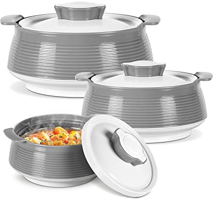 Milton Casserole for Hot Food, Double Walled Insulated Inner Stainless Steel Hot Pot with Lid, Serving box for Food and Roti, Serving Bowl, Set of 3 (Size 62, 45, 28 oz) Venice, Grey