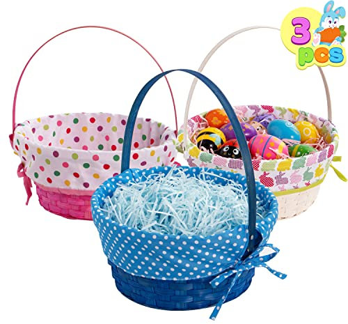 JOYIN 3 cestini pasquali in bambù con fodera a pois, uova di Pasqua in tessuto naturale e cestino in vimini per picnic, confezioni regalo, decorazioni