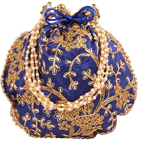 Touchstone NEW Traditional Indian Hand Embroidered Floral Faux Pearls Strings Shopping Gifts Jewelry Wedding Sweet Distribution Drawstring Fancy Royal Blue Bag Purse Pouch For Women.