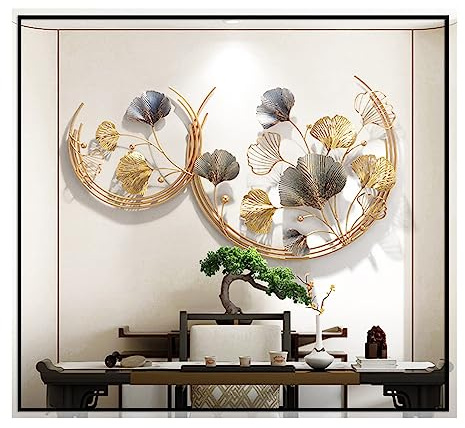 CDDUOLA 3D Room Wall Decor, Handmade Art Metal Round Golden Ginkgo Leaf Decorative Wall Sculpture for Home Living Room And Bedroom, 2 Pack