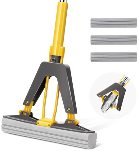 Myiosus Balai Eponge, Balai éponge Magique Absorbant avec Essoreuse Intégrée, Serpillière éponge avec 3 Réutilisables PVA éponge Head, Balai Serpillere pour Nettoyage de Sols