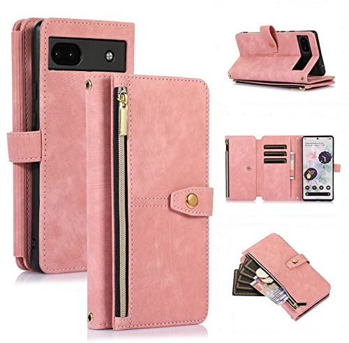 UEEBAI Hülle für Google Pixel 6a 5G, 9 Kartenfäche Retro Leder Geldbörs Flip Case mit Umhängegurt Handschlaufe Standfunktion Reißverschluss Handyhülle Magnetverschluss Wallet Stoßfest – Retro Rosa