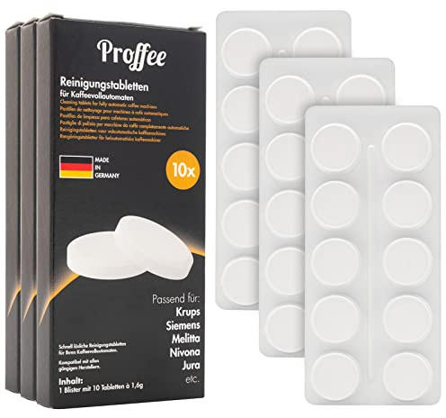 Proffee | 3x 10 Tabs Reinigungstabletten, entfernt Kaffeeöl & Rückstände | Geeignet für Sage, Siemens, Bosch, Nivona, Melitta, Jura, Philips, WMF Kaffeevollautomaten | Made in Germany