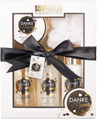 BRUBAKER Cosmetics - Danke Mama (Thank you Mum) - 5-piece Shower and Bath Set with Rose Vanilla Scent - Mother Gift Set with Exfoliating Sponge - Care Set White Gold with Bow Black